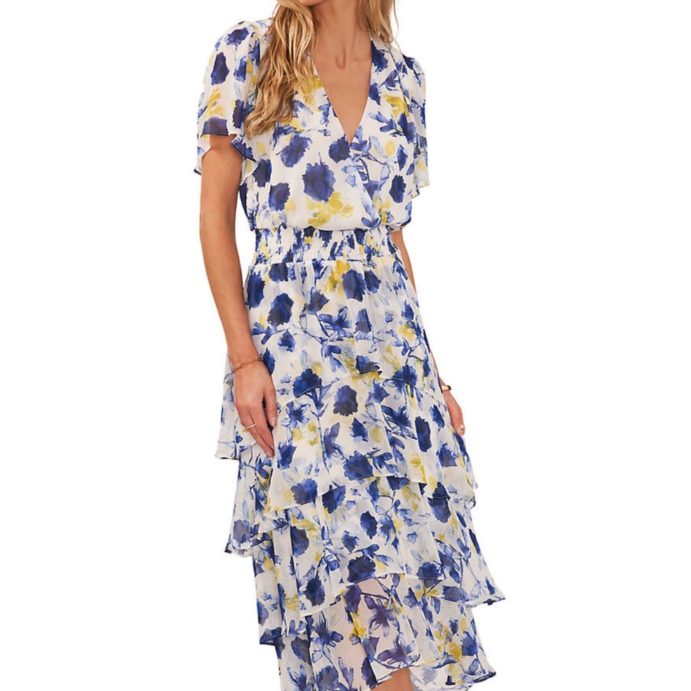 Floral Blue and Yellow Women's Dress - Picture 3 of 6